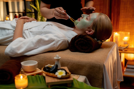 Serene ambiance of spa salon, woman customer indulges in rejuvenating with luxurious face cream...