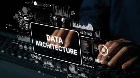 Hands Typing on Keyboard with Overlay of Data Architecture Visualizations and Graphs in Dark Environment. Asymptotic smart data analytic.の写真素材
