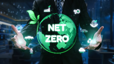 Businessman Presenting a Green Globe with Net Zero Concept and Renewable Energy Icons on a Digital Interface in a Modern Office Environment. Qubitの写真素材