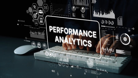 Hands on Keyboard with Digital Performance Analytics Dashboard and Data Visualization Elements. Asymptotic smart data analytic.の写真素材