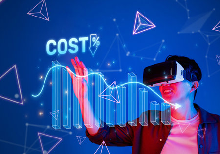 A vibrant virtual reality scene showcasing a user interacting with graphical cost reduction elements. This image captures the essence of technology-driven innovation and business optimization.の写真素材
