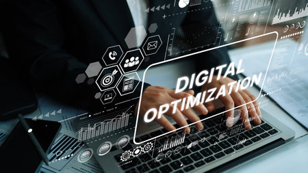 Business Professional Engaging in Digital Optimization with Innovative Technology Interface in Modern Workspace. Asymptotic smart data analytic.の写真素材