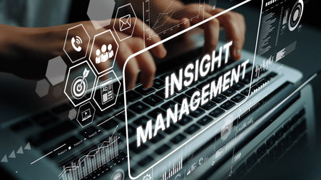 Business Professional Engaging in Insight Management with Data Visualization on Laptop. Asymptotic smart data analytic.の写真素材