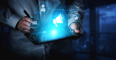 Digital marketing promotion strategy using megaphone, social media marketing, digital ads video...