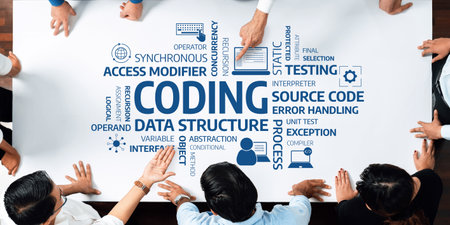 A dynamic coding session shows diverse hands engaged in discussion over a table filled with...