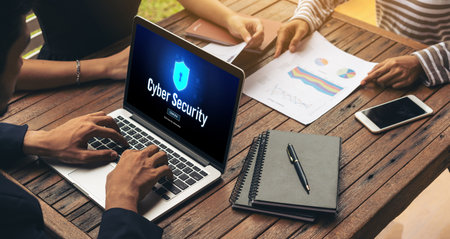Cyber security system on computer screen protect private information snugly from hacker and cyber...
