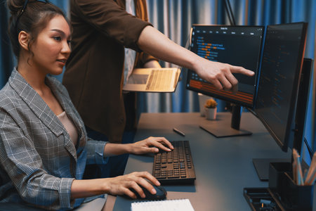 Serious of IT developers discussing intelligent website development coder system running data online...