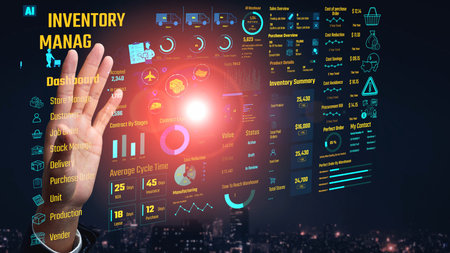 Inventory management dashboard showing supply chain performance, stock levels, order cycle times,...