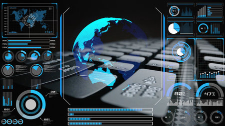 High-tech global network connection interface showing worldwide digital communication, data exchange, and internet connectivity. Global connection, data interaction, and worldwide communication. Thunkの写真素材