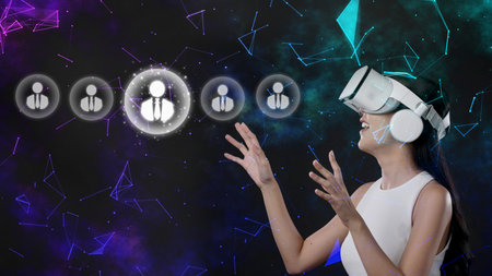 A woman engaged in virtual reality, showcasing the excitement of networking and communication in a...