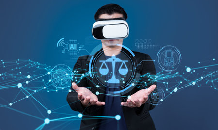 Explore the intersection of artificial intelligence and legal frameworks. This image illustrates the role of ethics, compliance, and governance in the digital era.の写真素材