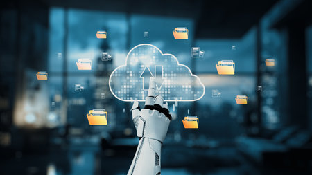 A futuristic robotic hand reaches toward cloud storage icons, illustrating the integration of...
