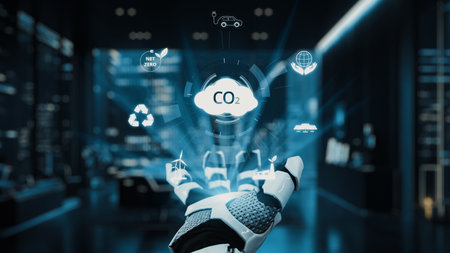 A robotic hand showcases digital icons related to carbon dioxide reduction, emphasizing the importance of eco-friendly technology in modern urban environments. Auvanaの写真素材