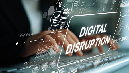 Hands Typing on Keyboard with Digital Disruption Graphics and Data Visualization Elements in Modern...