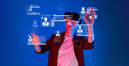 A person engages with virtual reality technology, showcasing dynamic digital identity and security...
