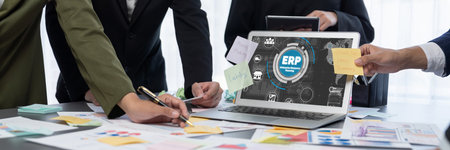 Analyst team use sticky note for creative and analytic brainstorm for business idea with BI data dashboard on laptop screen. Analysis financial data visualization tech for marketing strategy. Prodigyの写真素材