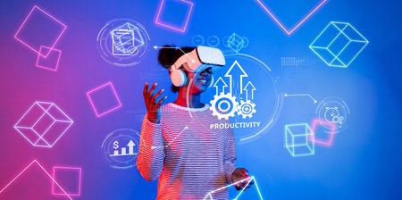 A woman wearing a virtual reality headset engages with digital elements representing productivity...