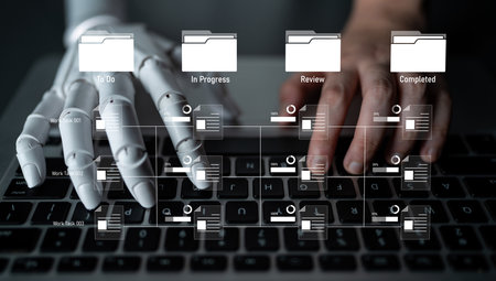AI managing task workflow system, tracking document progress, analyzing productivity levels, and...