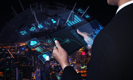 Data flow from database and cloud to processing and analytics dashboards, representing data...