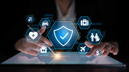 Security and insurance concept showing protection coverage for health, travel, home, car, life, and...