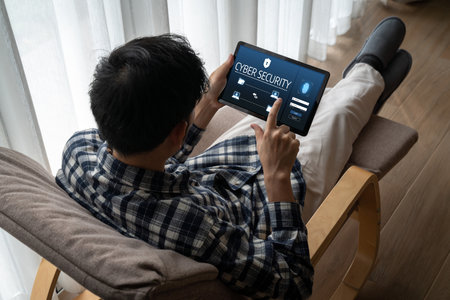 Cyber security system on computer screen protect private information snugly from hacker and cyber...