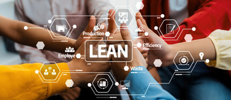 A collaborative scene featuring diverse hands joining together to signify teamwork and commitment to lean principles that enhance efficiency and improve production processes. Amityの写真素材