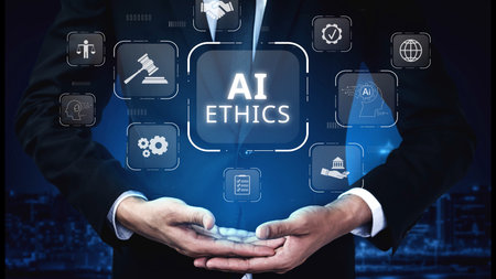 AI is transforming society, raising important ethics questions. Ethics in AI design ensures fairness. AI ethics promote responsible decisions. Balancing AI power with strong ethics is essential.の写真素材