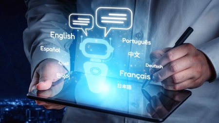 Global communication with multiple languages, digital translation tools, multilingual technology, cross-cultural communication, and virtual language learning environments. Muxerの写真素材