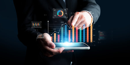 Business person evaluates metrics for business growth, setting goals for expansion. Insights on...