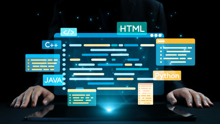 An individual in a professional suit interacts with a vibrant coding interface showcasing various programming languages, symbols, and digital elements, emphasizing modern technology.の写真素材