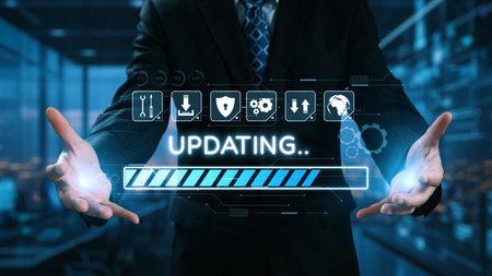 A businessman in a modern office setting presents a holographic interface featuring an updating...