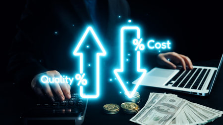 A professional setup showcasing a calculator, laptop, and digital graphics emphasizing cost and...