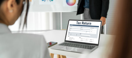Online tax return form for submitting individual income tax return form snugly on the internet website. Government web for tax payment and return. Taxation technology concept.の写真素材