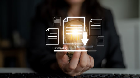 Visual representation of digital document downloading, showing file transfer, data access, and progress status for secure and efficient information retrievalの写真素材