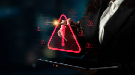 Cybersecurity alert warning showing red cyber for data breach, network threat, and cyber security system vulnerability with emphasis on security risk, caution, digital protectionの写真素材