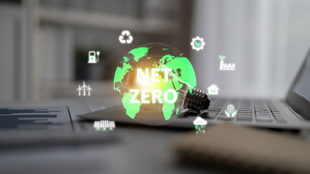 Net zero and digital sustainability combine to promote green energy, eco-business models, and environmental balance in future operations.の写真素材