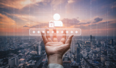 User authentication and password protection concept showing secure login, privacy safeguard, data protection, access control, and digital identity verification Vouchの写真素材
