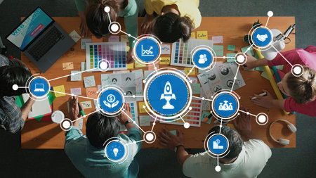 A vibrant overhead view of a diverse team engaged in a collaborative brainstorming session,...