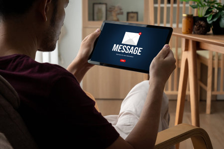 Email notification message showing on computer screen snugly. Digital marketing message information...