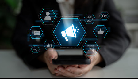 Digital marketing promotion strategy using megaphone, social media marketing, digital ads video content, communication, analytics, and global branding advertisement for business outreachの写真素材