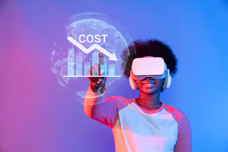 A young person immersed in a virtual reality experience interacts with a digital display showcasing...