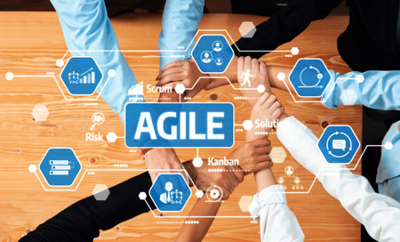 This image captures a diverse group united in a collaborative effort using digital tools, symbolizing the principles of Agile project management for effective solutions. Amityの写真素材