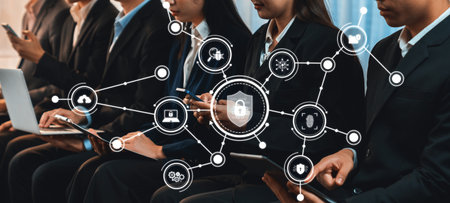 Asian job applicant in identical formal wear sitting in waiting room for job interview. Office worker or business people working in cramped room together using laptop and phone.の写真素材