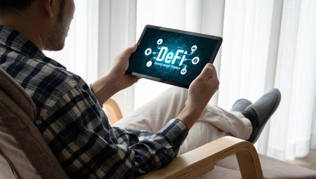 Decentralized finance or DeFi concept on modish computer screen . The defi system give new choice of...