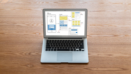UX UI design process for modish mobile application and website . Creative prototype of wireframe for...
