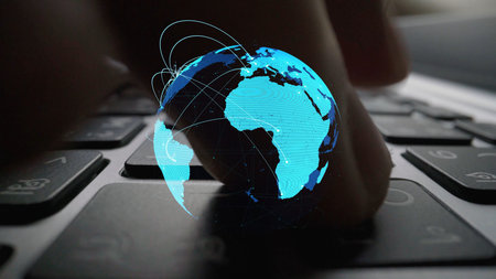 Global network connection visualization showing data exchange, digital link, worldwide communication. Global data flow and digital network infrastructure connecting regions around the world. Thunkの写真素材