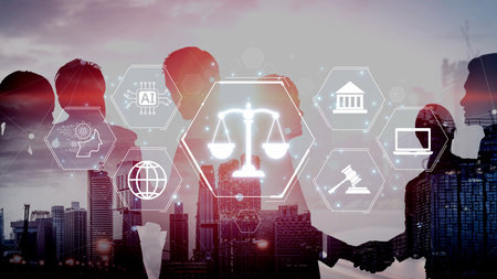 Futuristic digital law interface displaying justice scale, highlighting digital law, AI compliance,...