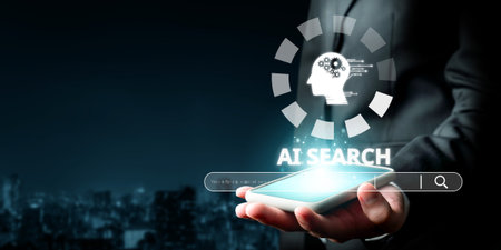 A modern hand holding a smartphone with an eye-catching AI search graphic, representing the fusion of technology and artificial intelligence in today digital landscape.の写真素材