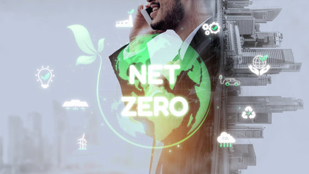 Net zero and sustainability concepts with environmental balance, digital sustainability icons, green energy goals, and eco-conscious digital business transformation for the future. Muxerの写真素材