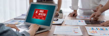 Virus warning alert on computer screen detected brisk cyber threat , hacker, computer virus and...